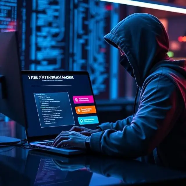 Ethical hacker in hoodie working on laptop with 5 steps of ethical hacking infographic on screen
