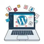 Illustration of a WordPress dashboard with plugin icons representing website customization and added features