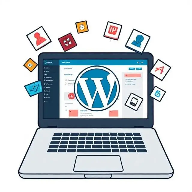 Illustration of a WordPress dashboard with plugin icons representing website customization and added features