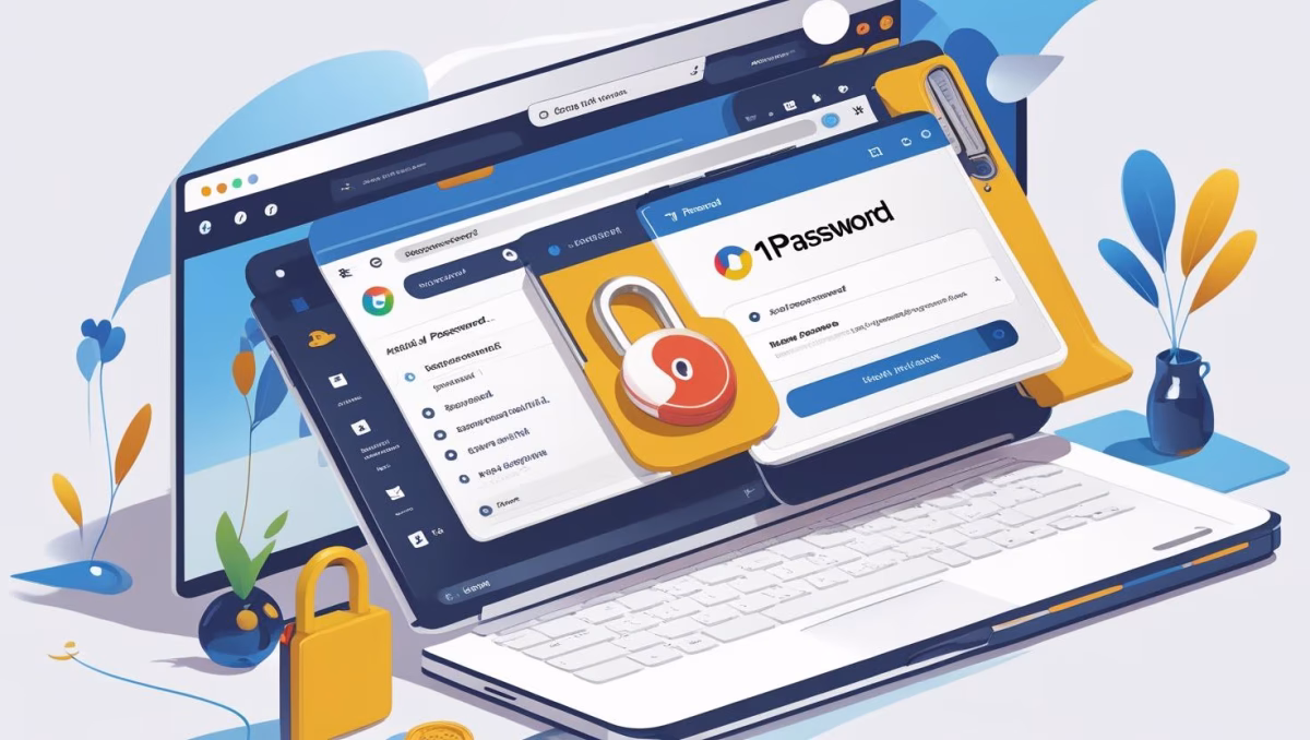 Illustration of the 1Password Chrome Extension in Google Chrome showing secure password autofill and vault access interface.