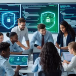 cyber security degree students collaborating in a modern classroom with digital security screens