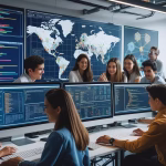 cyber security companies team collaborating in a modern office with digital security dashboards