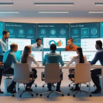 Cyber security jobs team collaborating in a modern office with digital security dashboards, representing diverse professionals working together in 2025