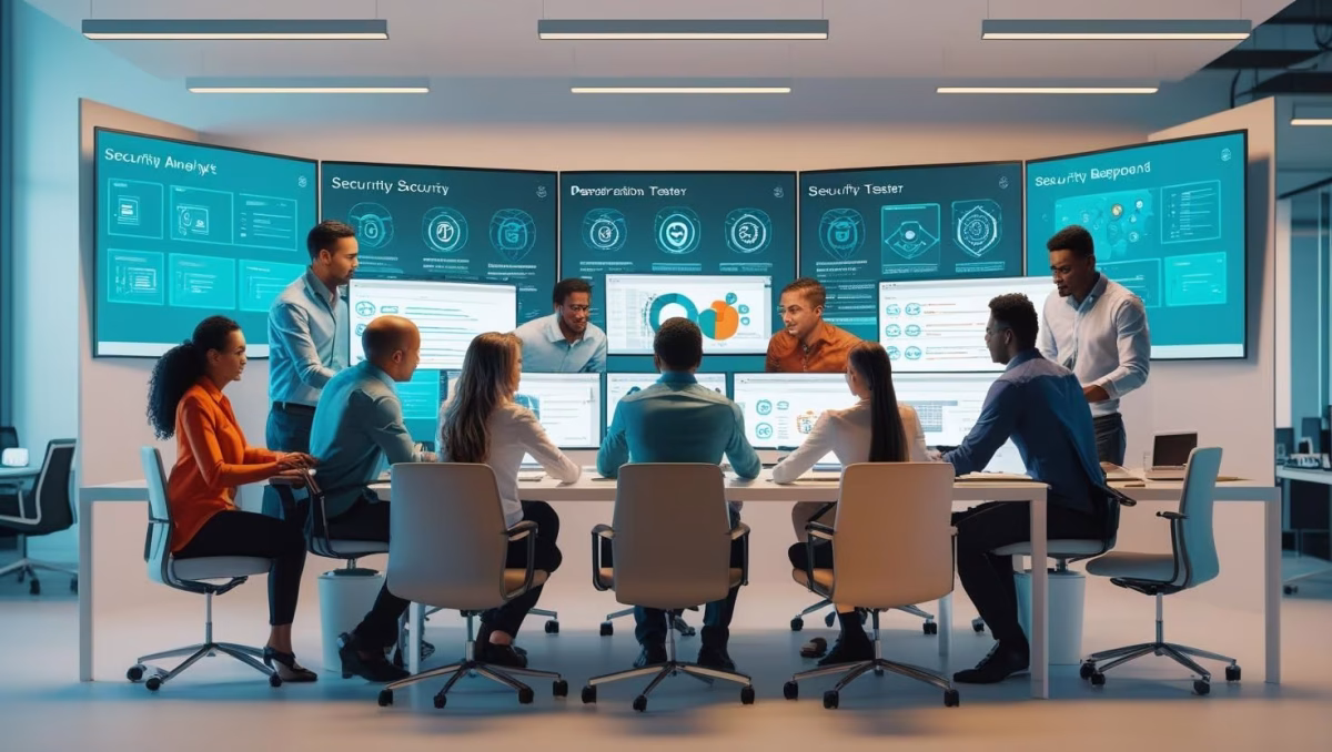 Cyber security jobs team collaborating in a modern office with digital security dashboards, representing diverse professionals working together in 2025