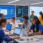 google cyber security certificate students collaborating on cybersecurity labs in a modern classroom