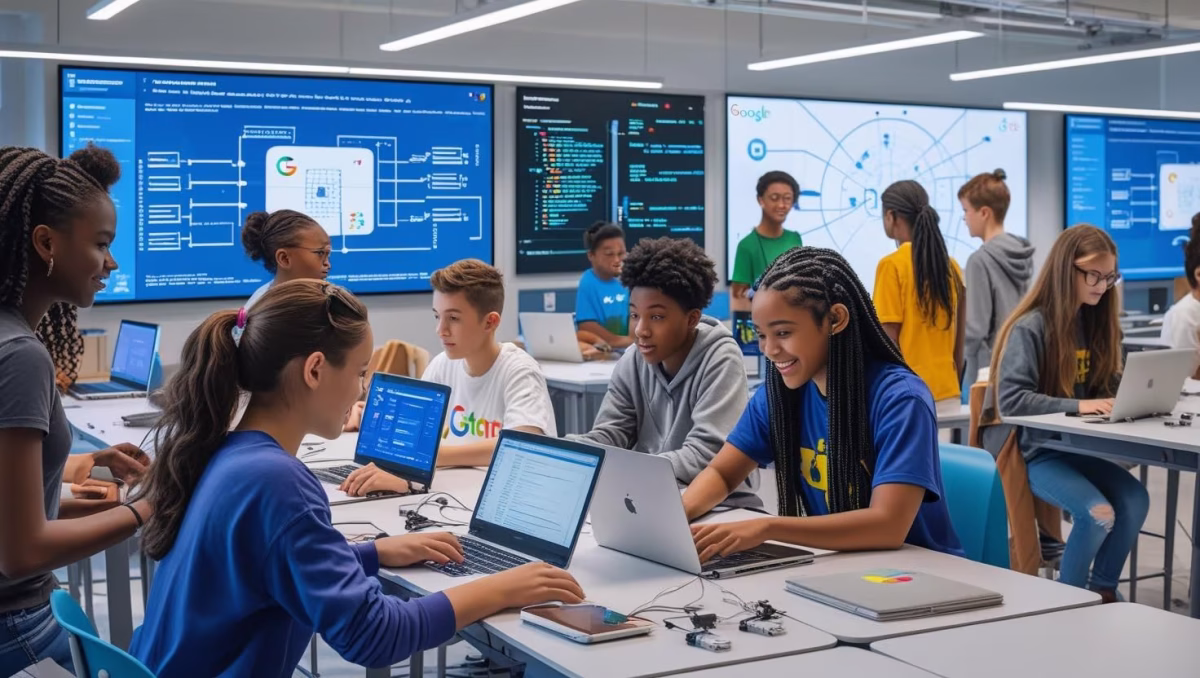 google cyber security certificate students collaborating on cybersecurity labs in a modern classroom