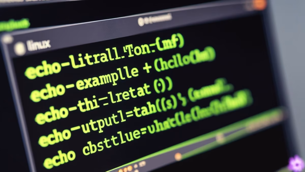 Linux terminal on Kali Linux showing the echo command in linux output with text and variables displayed in the shell.