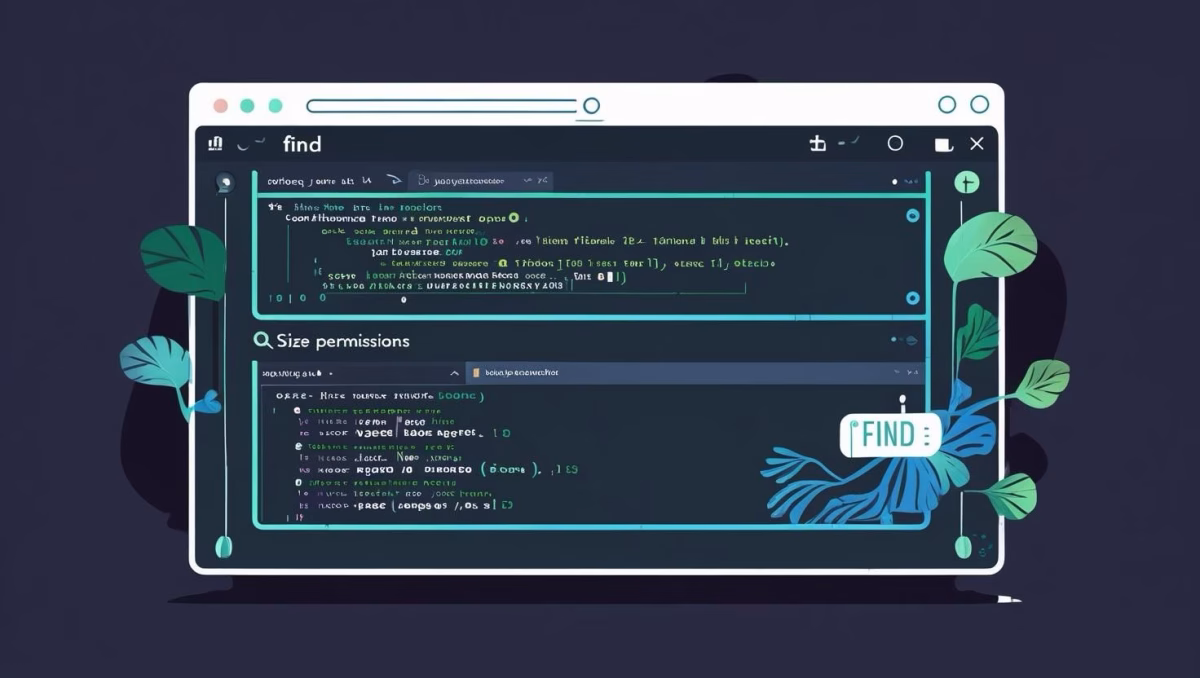 Terminal window displaying Linux find command usage with file search examples, highlighting filters like filename, size, and permissions