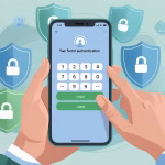 Illustration of two factor authentication Facebook showing a user entering a code on their phone to log in securely, with Facebook logo and security icons in the background