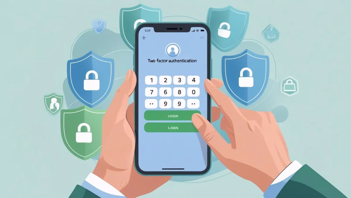 Illustration of two factor authentication Facebook showing a user entering a code on their phone to log in securely, with Facebook logo and security icons in the background